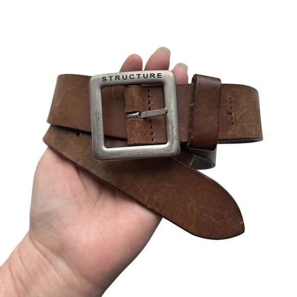 Vintage Structure Brown Italian Leather Belt Silver Tone Buckle Sz 32 - Picture 1 of 12